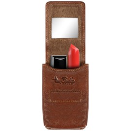Tony Perotti Womens Italian Bull Leather Top Flap Double Lipstick Case with Mirror in Cognac