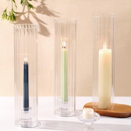 Volens Hurricane Glass Candle Holders for Table Centerpiece - Set of 3 Taper Candle Holders with Windproof Cylinders 12.6" Fluted Glass Chimney for Wedding, Outdoor Party & Fall Home Decorations