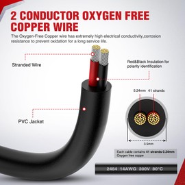 Nilight 50FT 14AWG Oxygen-Free Copper Wire Red Black Electrical Wire Stranded PVC Cord 2 Conductor Parallel 300V DC Flexible Extension Cords for LED Strips Lamps Lighting