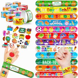 Cherisnowy 48 Back to school 24PCS Back to school Temporary Tattoos Sticker 24PCS Slap Bracelets Perfect for Themed Birthday Party Favors Baby Showers or Classroom Rewards Ideal Decor and Gifts