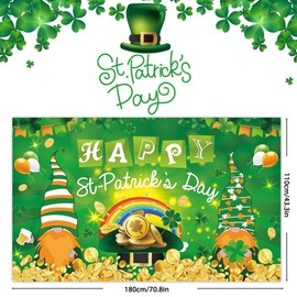 Happy St. Patrick's Day Backdrop Banner, Saint Patrick Day Decorations Green Gnomes Shamrock Balloons Coin Irish Luck Day Photo Booth Background for St Patrick's Party Supplies Decorations, 6 x 3.6ft