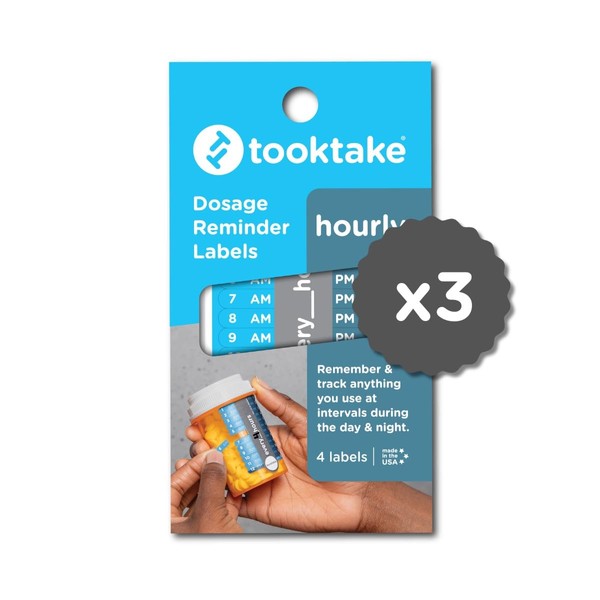 TOOKTAKE HOURLY Pill, Vitamin, Medication, Cough Syrup Reminder Labels - Easy Pill Tracker & Reminder System - 7 Day Weekly Organizer - KIDS - Pet Medicine - AM/PM- Great for Travel -3 Packs/12 labels