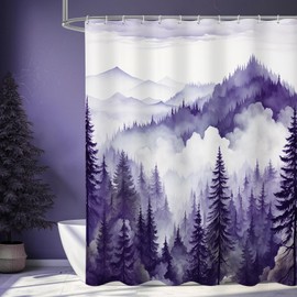 Litabel Litabel Purple Misty Pine Forest Shower Curtain, Mountain Foggy Woodland Scenery Tree Shower Curtains for Chic Rustic Bathroom, Abstract Modern Waterproof Nature-Themed Decor, 72x72 Inches