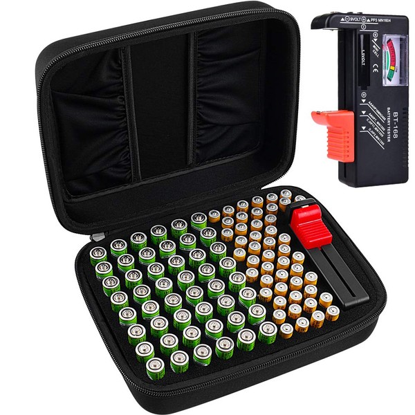 Caja de almacenamiento organizadora de batería para 48 pilas AA, 48 pilas AAA en total 96 con probador de batería, 2 bolsillos adicionales para otros accesorios