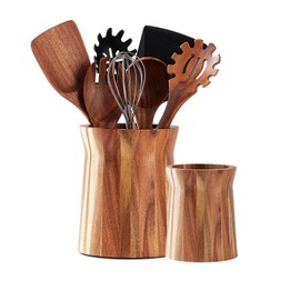 Teenyyou 2 Pcs Wooden Utensil Holder 360° Rotating Kitchen Utensil Holder 7.3" and 5.7" Large Cooking Utensil Holder Wood Utensil Crock for Kitchen Countertop Farmhouse Home Decoration