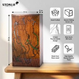 STONLIF Wooden Urns for Human Ashes Adult Male, Female - Wood Urn for Ashes for Women, Resin Decorative Urns - Memorial, Burial Wooden Cremation Urns for Human Ashes Upto 180 lbs, Thunderstorm - 1pc