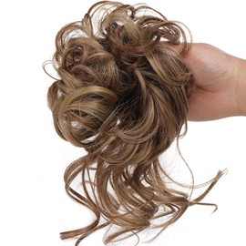 Large Bun Hairpiece Hair Scrunchie with Hair Updo Hairstyles, Curly Messy Bun Hairpiece with Elastic Band for Women Girls (12/24 Brown Mix Light Brown)