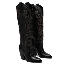 WIRALOMI Western Cowboy Boots for Women, Wide Calf Knee High with Pointed Toe, Thigh High Boots with Embroidered