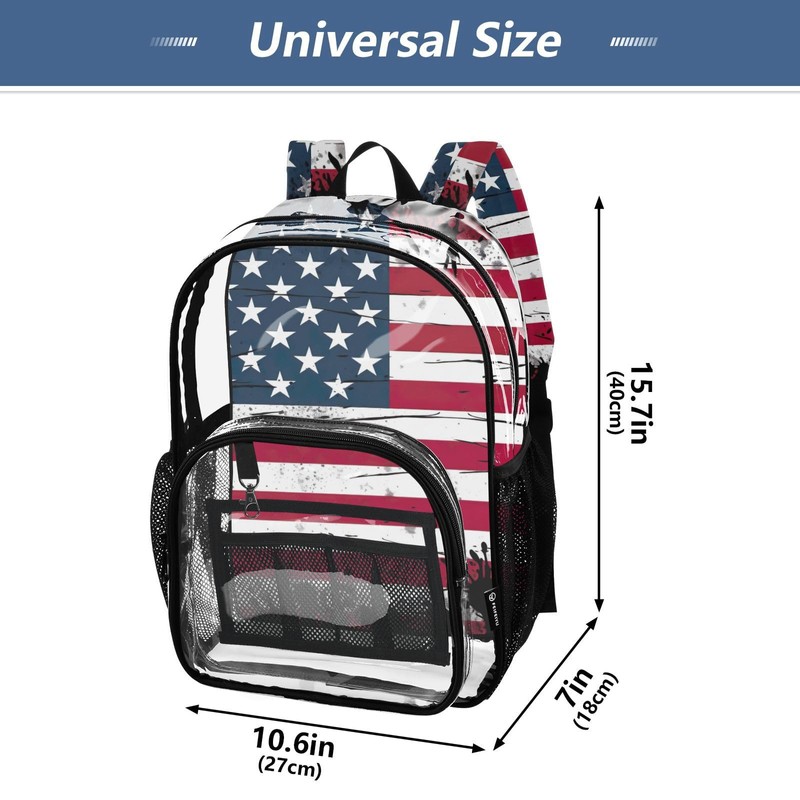 FLildon American Flag Clear Backpack with Back Print, Heavy Duty