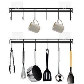 HOMEBROS Kitchen Utensil Hanger, Adhesive Utensil Holder Wall Mount Kitchen Rack Rail with 12 Hooks, Space Saving and No Drilling, Black, 2 Pcs