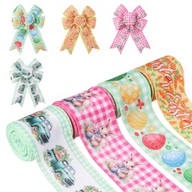 4 Rolls Easter Ribbons, 24 Yards Bunny Truck Egg Carrot Pastel Spring Ribbon Easter Decorative Wired Ribbons Embellishments for Gift Wrapping Bows Wreath Party Home Decor Crafts (4 Styles)
