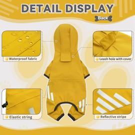 Dog Raincoat, Waterproof Dog Rain Jacket with Hood, Dog Rain Coat with Leash Hole, Reflective Strap for Small Medium Dogs, Lightweight Puppy Clothes(Yellow,L)