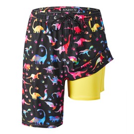 PAUFOGA Mens Swim Trunks with Compression Liner, Cartoon Dinosaurs Bathing Suit 9 Inch Inseam Board Shorts, 4 Way Stretch Quick Dry Swimsuits, XL