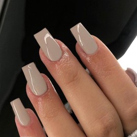 SXVME Light Grey False Nails Long Square, Acrylic Press on Nails Long Medium Coffin, Glossy Gel Fake Nails Press on, Solid Color Square Tip Nails Stick on Nails For Women Daily Wear, 24 Pcs