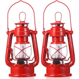 Hortsun 2 Pcs 8 Inch Vintage LED Hurricane Lantern Metal Red Outdoor Battery Operated Hanging Lantern with Warm LEDs and Dimmer Switch for Halloween Christmas Indoor Rustic Farmhouse Camping Decor