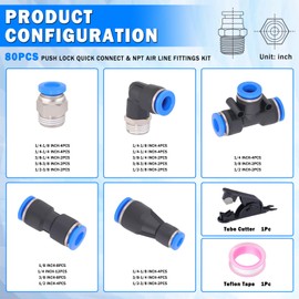 XaXmTee 80 Pcs Quick Connect Air Line Fittings Kit Pneumatic Push Lock Air Fittings 1/8",1/4",3/8",1/2" Push to Connect & NPT Thread Air Hose Fittings Quick Release Airline Fitting Kit