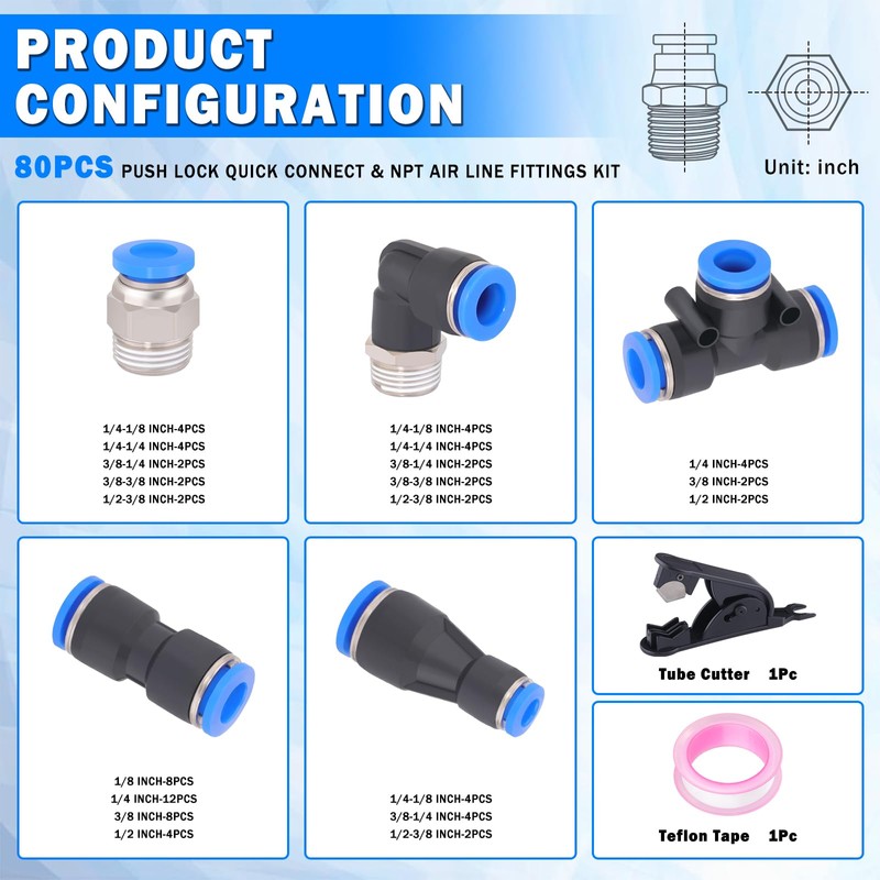 80 Pcs Quick Connect Air Line Fittings Kit Pneumatic Push