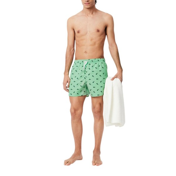 Lacoste Men's Crocodile Print Swim Trunks, Green Multicolor, Large