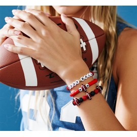 LKingel Football Bracelets for Women Football Game Day Bracelets Mom Dad Stacking Bead Stretch Rugby Bracelet Vintage Rhinestone Rugby Bracelet Sports Lover Jewelry Gift for Women (Red and Black