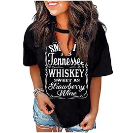 Tennessee Music Band Shirts for Women Vintage Country Music Tee Rock Nashville Hollow Out V Neck Short Sleeved (Large,D-Black)