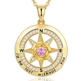Rose Compass Birthstone Necklace for Women I'd be Lost Without You Compass Jewelry Gift for Wife Anniversary Her Birthday Gifts Girlfriend Valentines Day Gift Mom Mother's Day Grandma Christmas Gifts, Yellow Gold, Cubic Zirconia