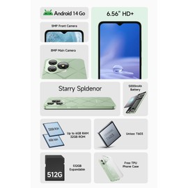 Ulefone Android 14 4G Smartphone without Contract Note 19, 3 Card Slot, Octa-Core 6GB + 32GB (512GB External), Dual SIM Smartphone, 6.56 Inch HD+, 8MP + 5MP Camera, Face Detection GPS, Black