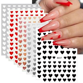 Pegatinas de corazón para decoración de uñas, brillantes, autoadhesivas, 3D, para San Valentín, con purpurina, en rojo, blanco, plateado y negro, para decoración de uñas acrílicas, 10 hojas