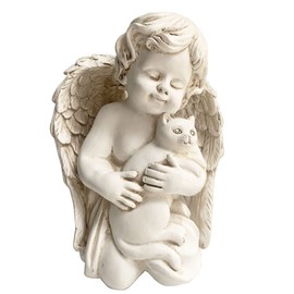 Realideas 7" Resin Angel with Cat Statue, Pet Cat Memorial Sculpture, Indoor/Outdoor, White