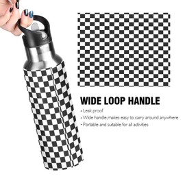 Black White Checkered Pattern Water Bottle Kids Insulated Boys Girls Stainless Steel Straw Lid 20 oz Hot Cold Water Flask School Sport