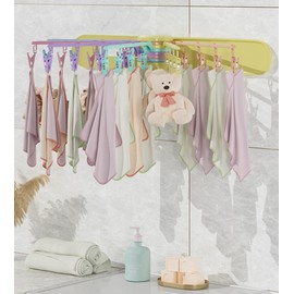 Perchero de ropa montado en la pared, calcetines, guantes, toallas, estante de secado que ahorra espacio, plegable con 24 clips para lavandería, balcón, vestíbulo, recámara (rotación multicolor)