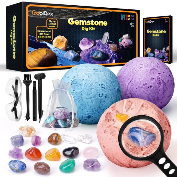 GobiDex Natural Stones, Minerals Collectable with 15 Real Gemstones, Lunar Treasure Hunt, Archaeology, Geology, Science, Gifts, Digging Kit for Kids Ages 6 7 8 9 10 Years