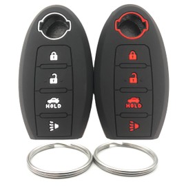 Silicone Rubber Key Fob Cover Compatible with 2007-2019 Nissan 350Z 370Z Altima Armada GT-R Maxima Murano Pathfinder Rogue Select Sentra Titan Versa Note Xterra (Rubber, Black+Black with red)
