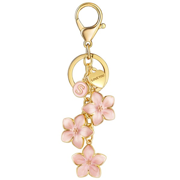 XGALBLA Cute Pink Big Flower Initial Letter Keychain with Love
