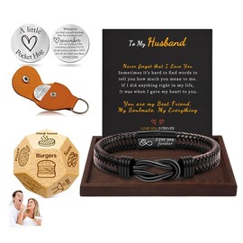 Husband Birthday Gift, Husband Fathers Day Bracelet Gifts from Wife Romantic Gifts for Him Basket with Food Dice Pocket Hug Token Leather Bracelet Birthday Gift for Him