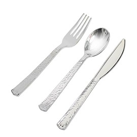 24 Silver Metallic 7 in Disposable Plastic Cutlery Hammered Design Spoons Forks Knives Set Party Events Decorations Supplies