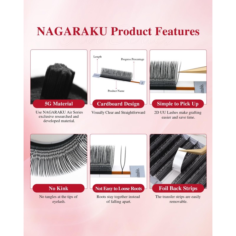 NAGARAKU 2D UU Eyelashes, Double Tips, Parallel U-Shape, Volume Fans,
