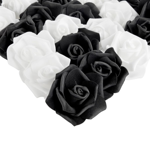 100 Pack Black and White Artificial Flowers, Bulk Stemless Fake Foam Roses for Decorations, DIY Crafts, Bouquets (3 in)