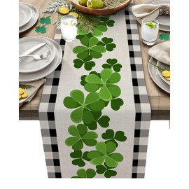 St Patrick Table Runner 90 inches Long for Table Decoration St.Patrick's Day Green Shamrock Black and White Buffalo Plaid Coffee Table Runner for Kitchen/Dining Runners for Party Home Decor 13x90in