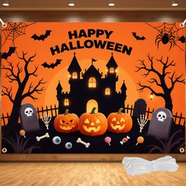 Happy Halloween Banner - Extra Large 83 x 59 Inch Halloween Backdrop with 19.69ft Ribbon | Spooky Pumpkin & Ghost Decorations for Outdoor & Indoor Parties