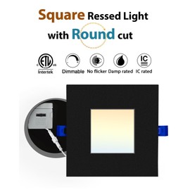 Adetu 4 inch Square Led Recessed Lighting Black,5CCT Ultra Thin Square Led Ceiling Light with Junction Box, 2700K/3000K/3500K/4000K/5000K Selectable,Dimmable,ETL and Energy Star Certified