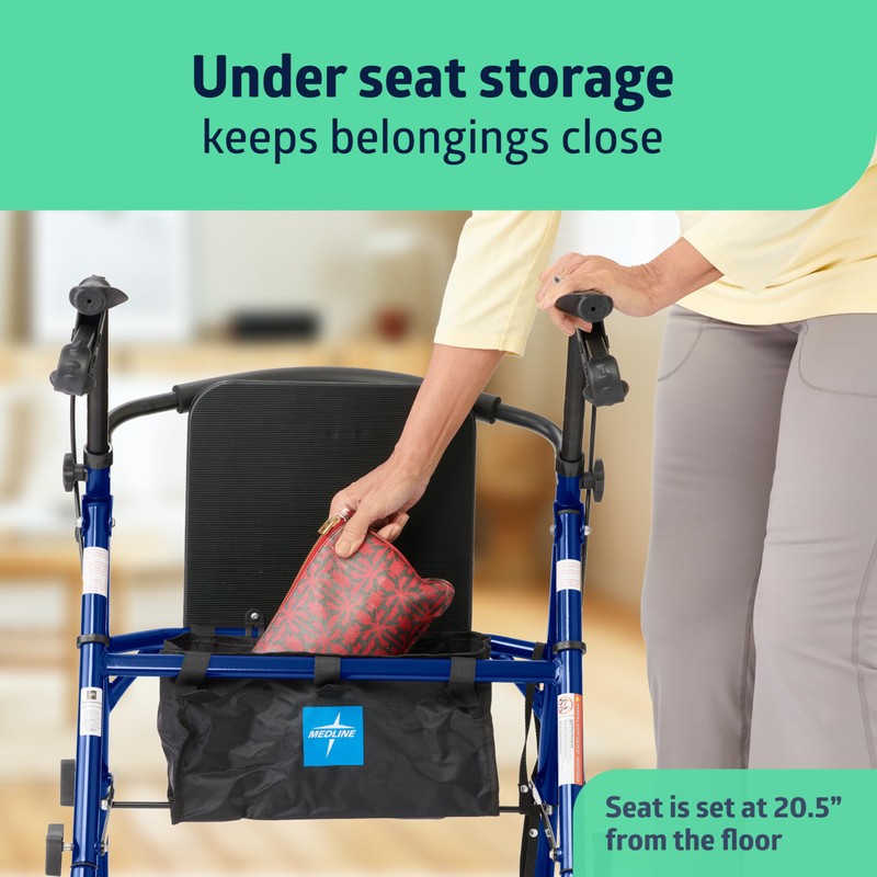 Medline Aluminum Rollator Walker with Seat, Blue, 250 lb. Weight