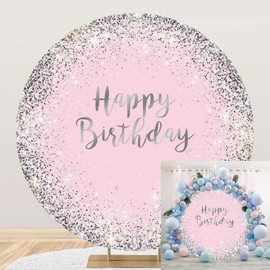 OERJU 7.5x7.5ft Pink Silver Glitter Birthday Round Backdrop Luxurious Glittering Sequins Photography Background Circle Backdrop Cover for Girl Woman Birthday Party Decoration Banner Photo Booth Props