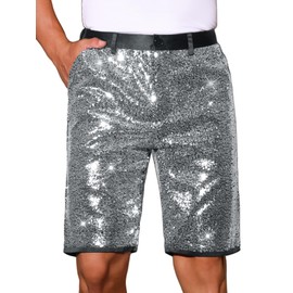 Lars Amadeus Sparkly Silver Sequin Shorts for Men's Straight Leg Club Rave Party Metallic Shorts 32