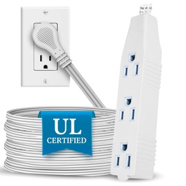 Flat Multiple Outlet Extension Cord 15 Ft for Indoor Use by Electes- UL-Listed 3-Prong Multi Extension Wire- Space-Saving Flat Angled Extension Cord- White..