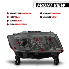 M-AUTO Set of 2 Headlights Assembly with Halogen Bulbs Compatible with 14-16 Jeep Grand Cherokee Pre Facelift, Chrome Housing Smoke Lens Clear Corner HeadLamps Replacement