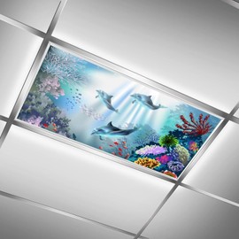 2PCS Magnetic Light Covers, Fluorescent Light Filters for Classroom, Home & Office - Drop Ceiling Lamp Decor - 4x2Feet (Coral Dolphin)