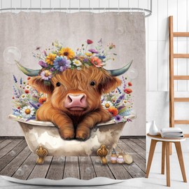 Mitpok Farmhouse Highland Cow Shower Curtain Cute Funny Rustic Floral Bull in Bath Vintage Spring Country Calf Farm Animal Wood Flower Plant 60Wx72H Bathroom Decor Bath Curtain Polyester 12 Pack Hook