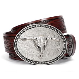 SANSTHS Western Belt Cowboy Belts for Men Women, Western Leather Belts Bull Buckle Belt Embossed Leather Belt for Jeans, Coffee/Long Bull Buckle