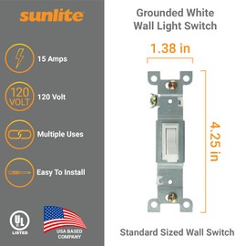 Sunlite 08100 Grounded Toggle Wall Switch White, 15 Amp, 120 Volt, New Installs, Replacement, Commercial, Residential, UL Listed, 1 Pack