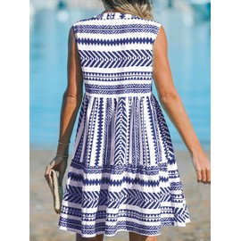 CUPSHE Women Ruffle Summer Dress Split V Neck A Line Geometric Casual Beach Sundress Holiday Vacation Mini Dress, Blue Geometric XS